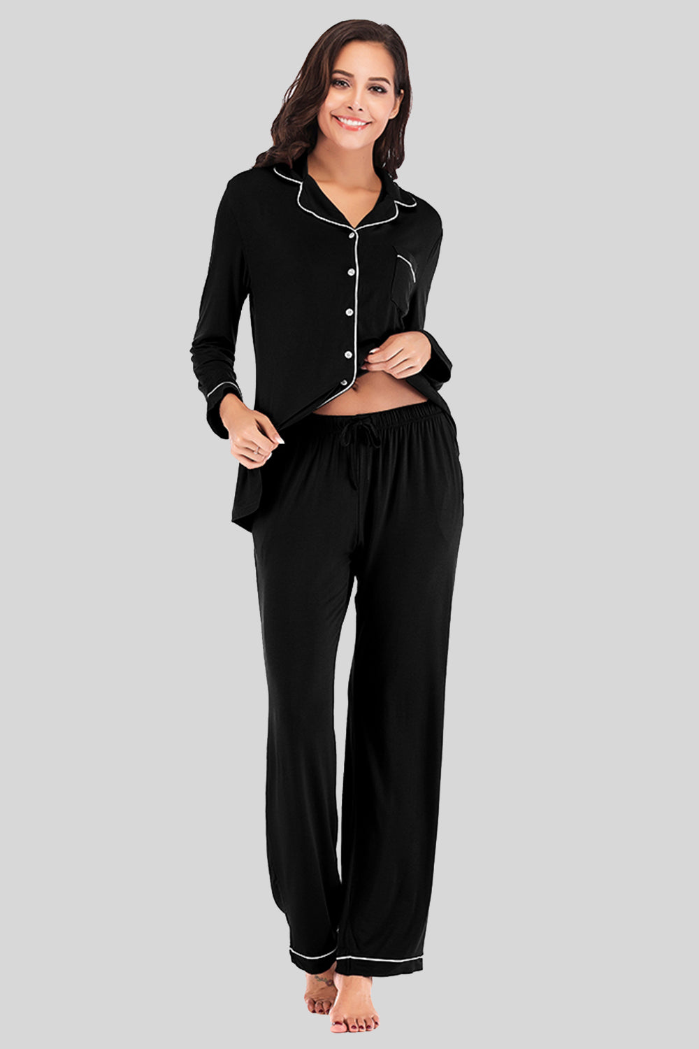 Collared Neck Long Sleeve Loungewear Set with Pockets Black Easy Apparels