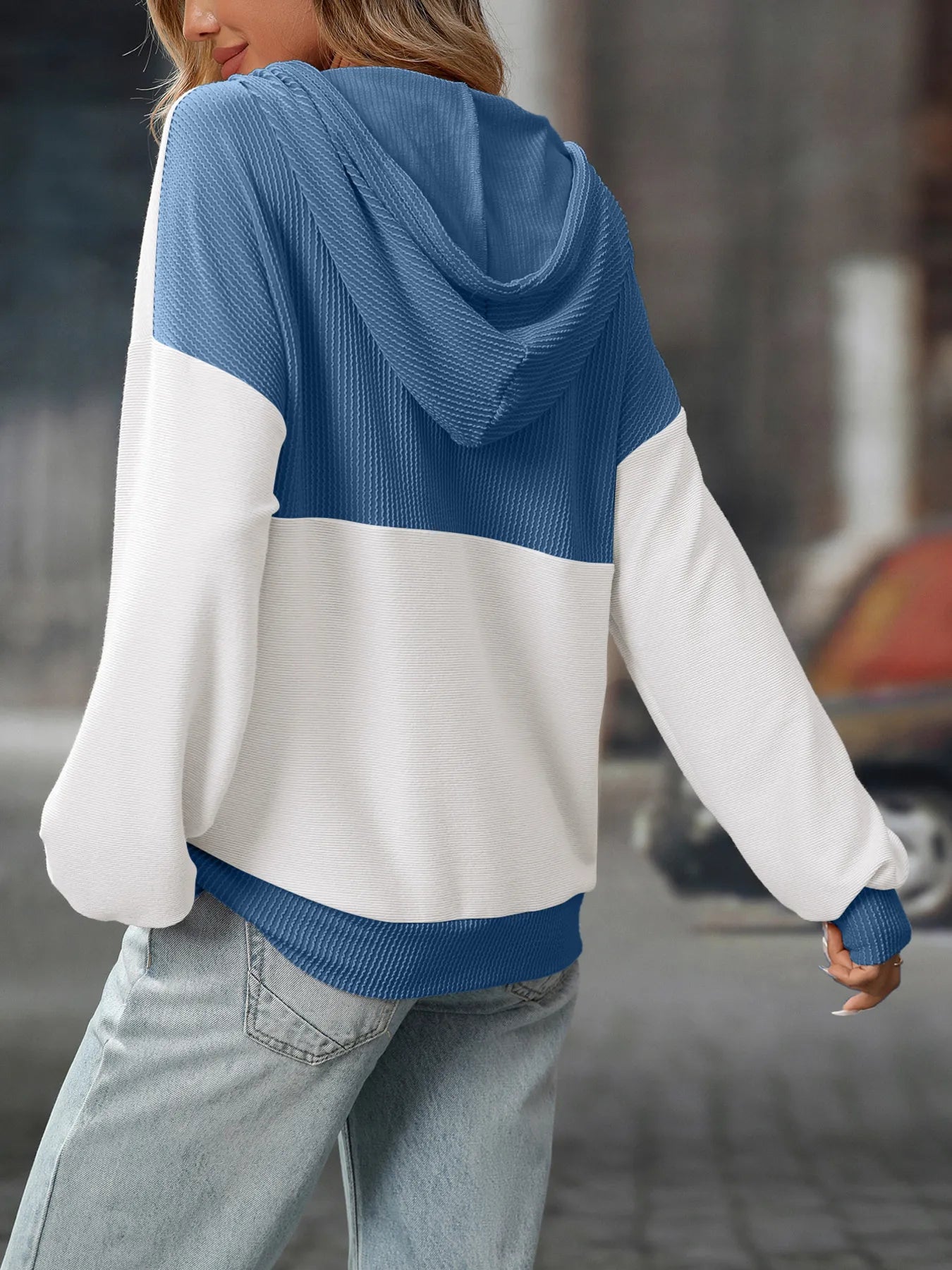 Trendsi Drawstring Button Detail Long Sleeve Hoodie