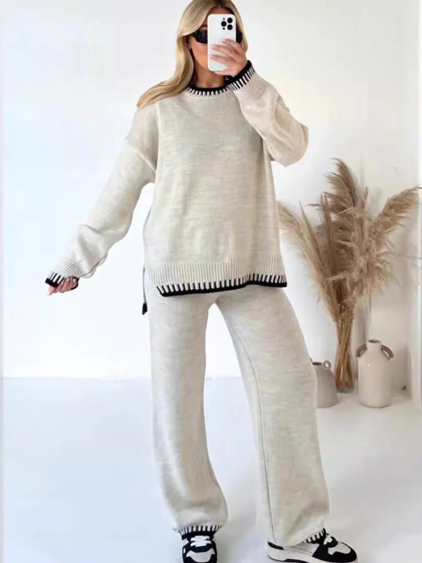 Contrast Trim Round Neck Top and Pants Sweater Set Easy Apparels