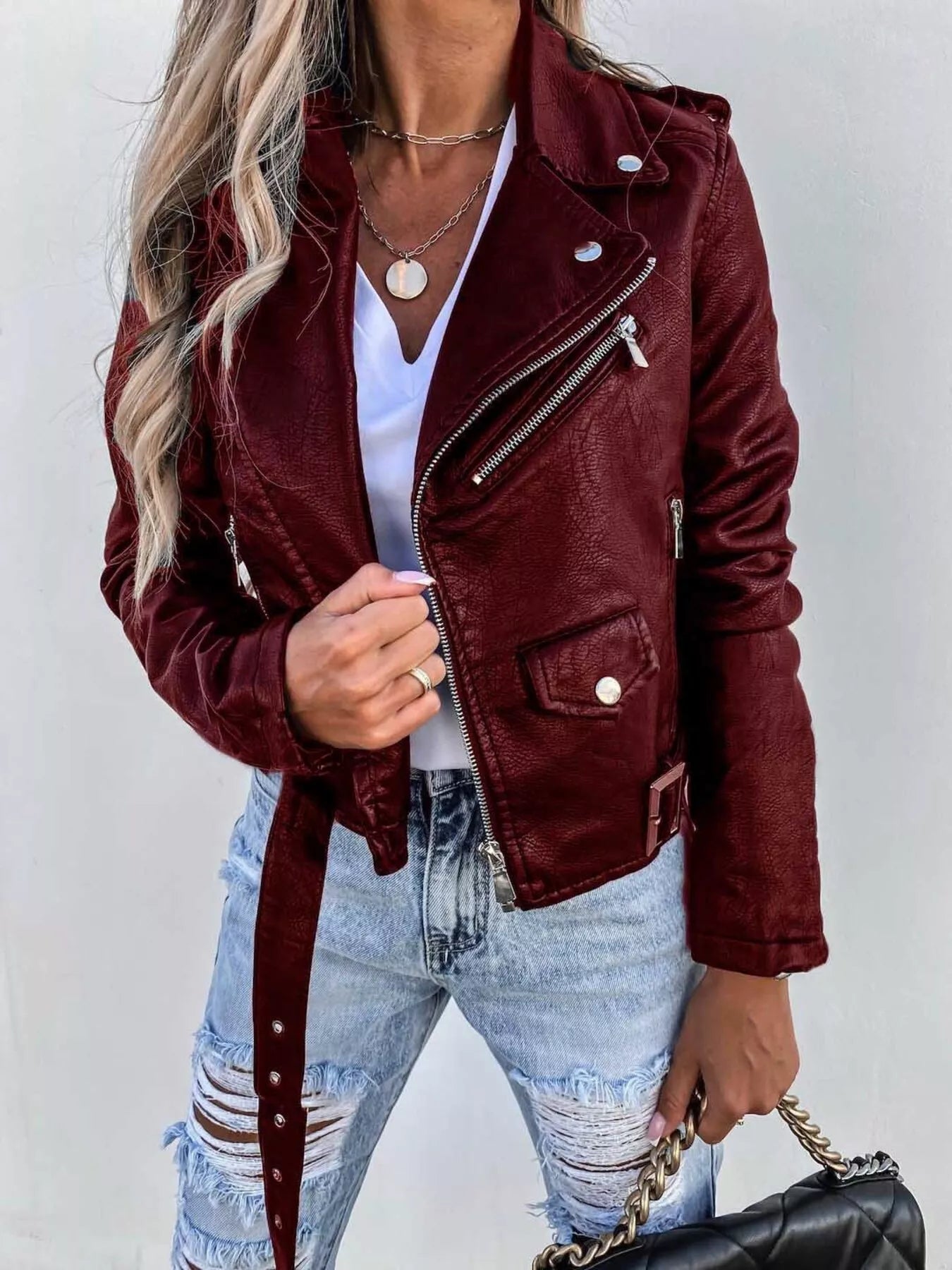 Full Size Zip Up Leather Motorcycle Biker Jacket Plus Size Burgundy Easy Apparels