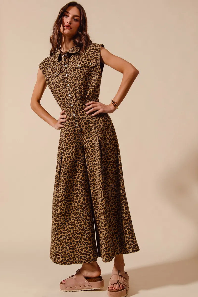 SO ME Wide Leg Leopard Twill Overalls Jumpsuit with Tuck Easy Apparels