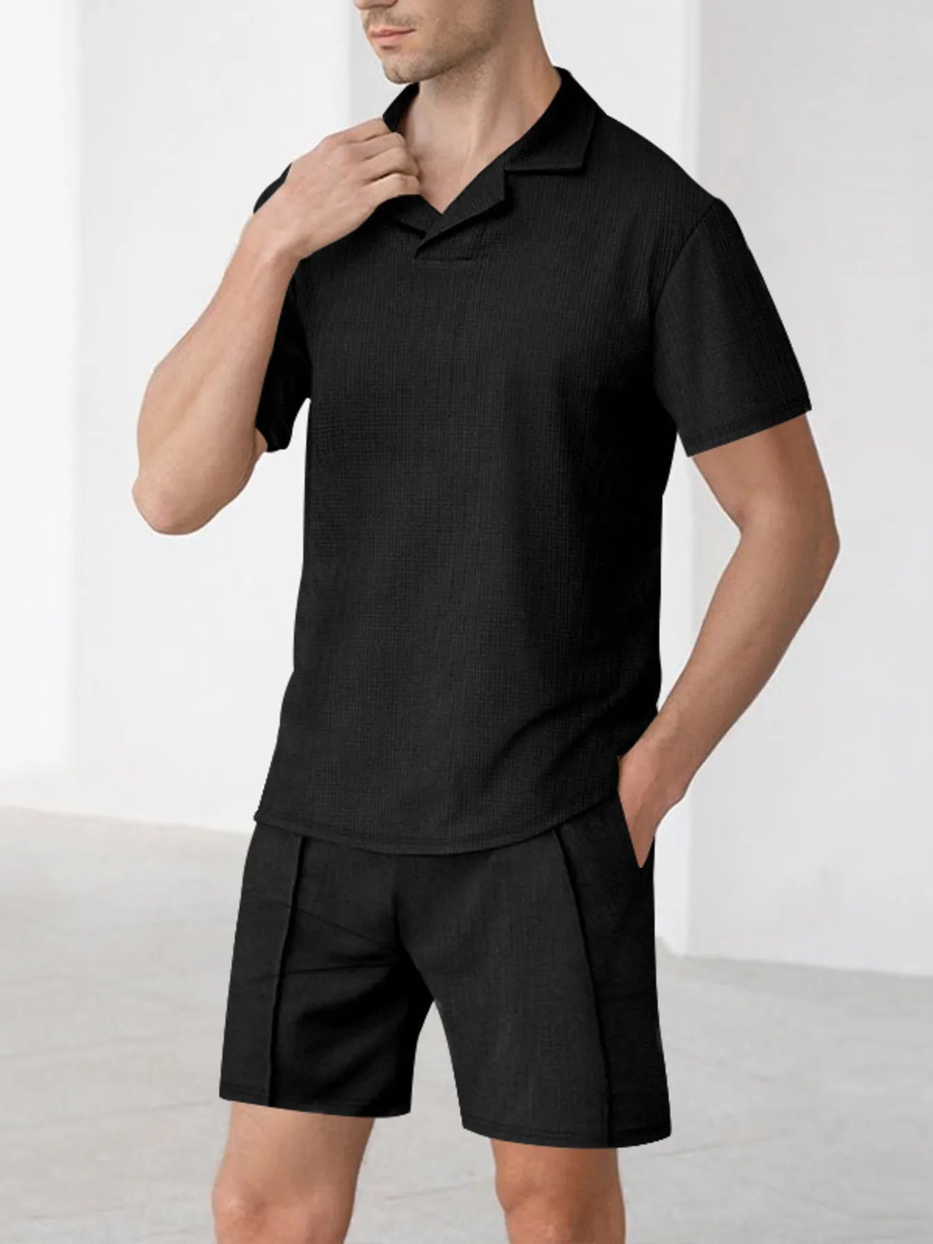 Men's Full Size Short Sleeve Top and Shorts Matching Set Plus Size Black Easy Apparels
