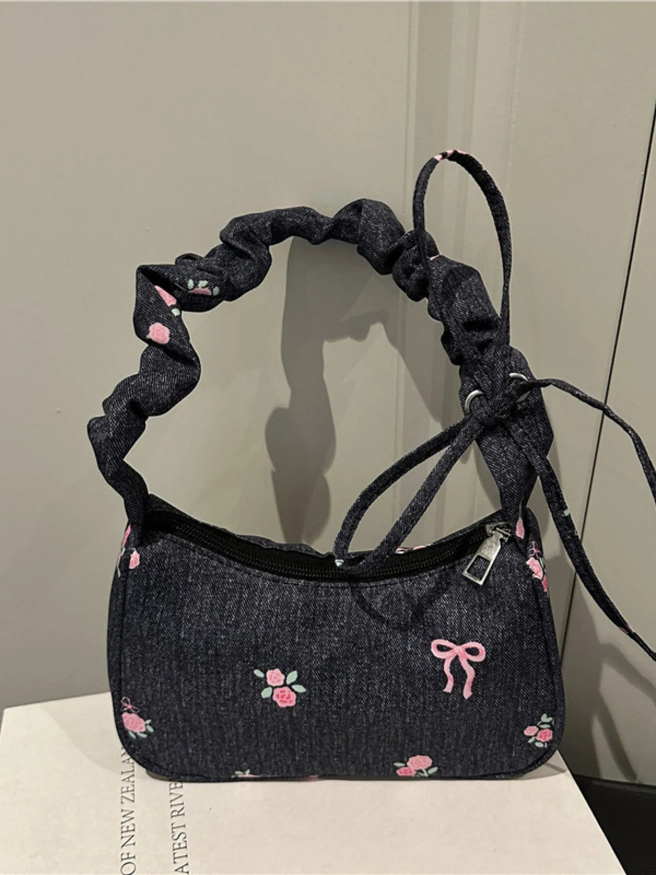Embroidered Ruched Strap Shoulder Bag Easy Apparels