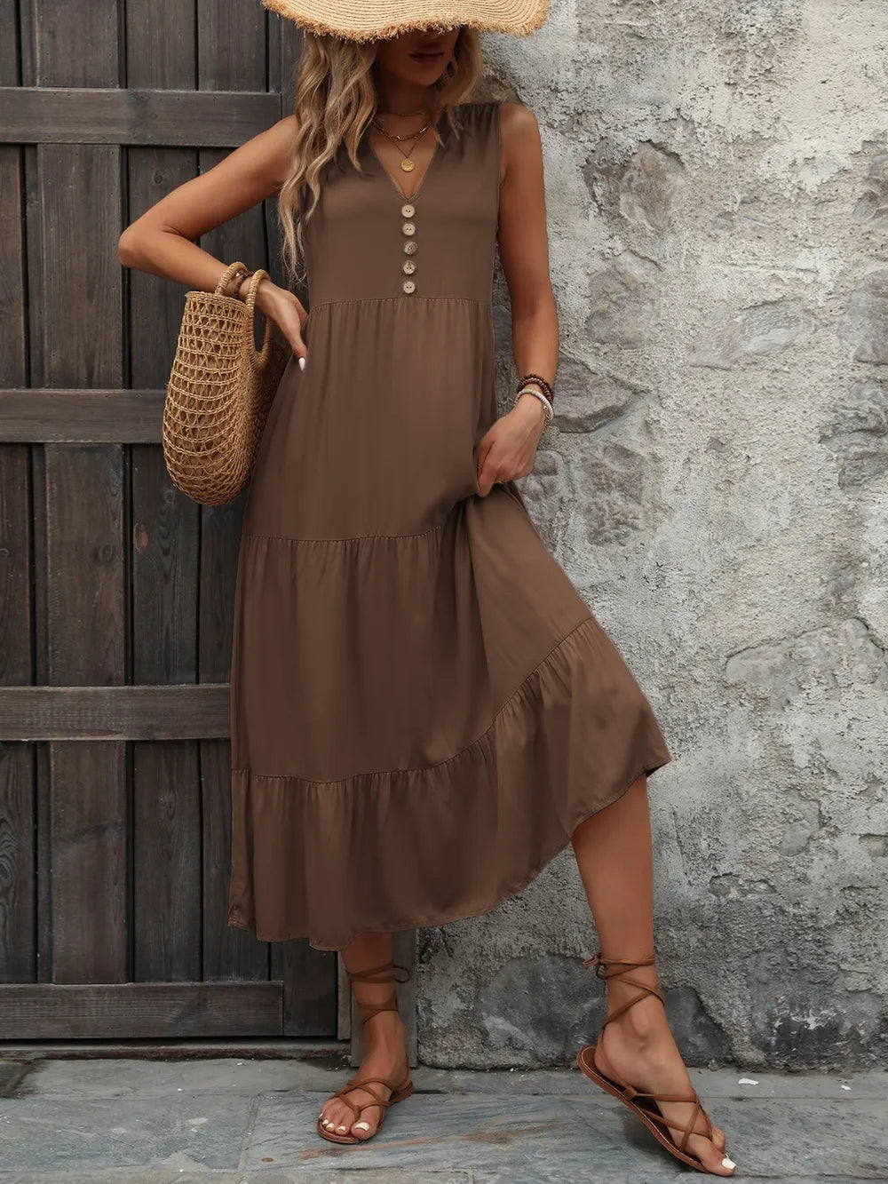 Ivy Lane Decorative Button Notched Sleeveless Dress Easy Apparels