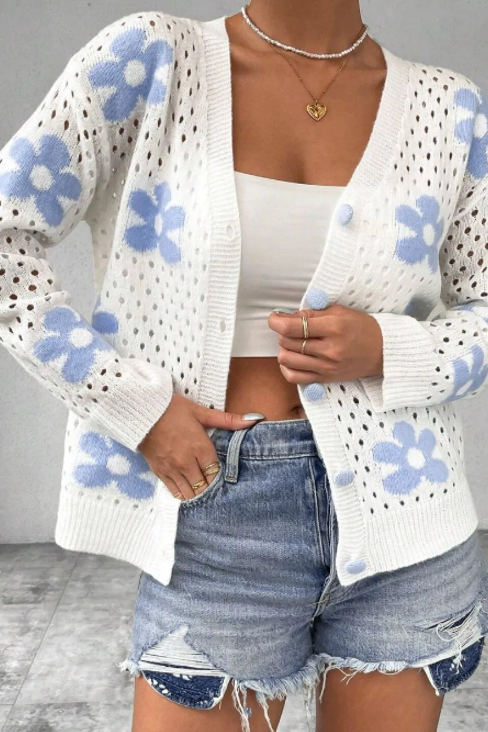 Flower Hollowed Out Button Down Long Sleeve Cardigan Easy Apparels