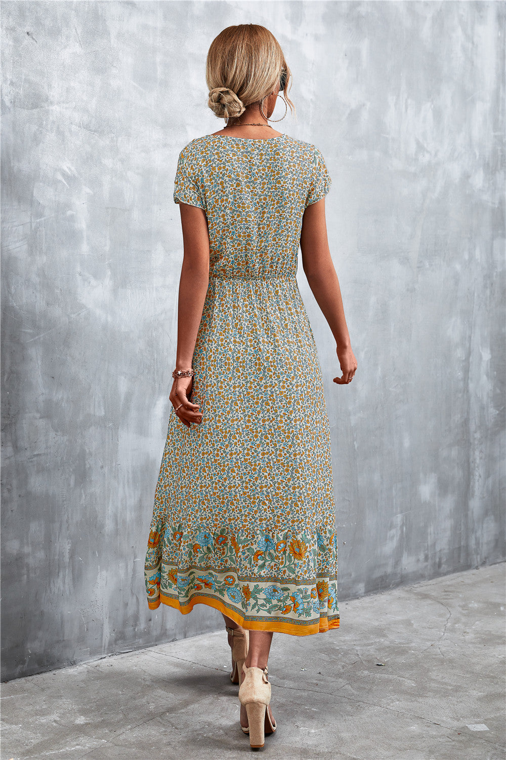 Trendsi V-Neck Short Sleeve Printed Maxi Dress
