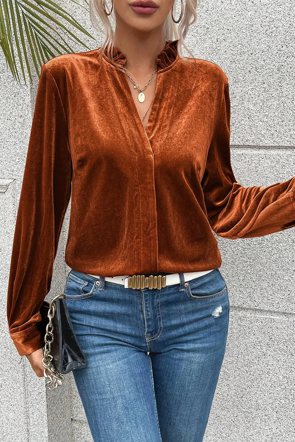 Trendsi Notched Frill Detail Long Sleeve Blouse