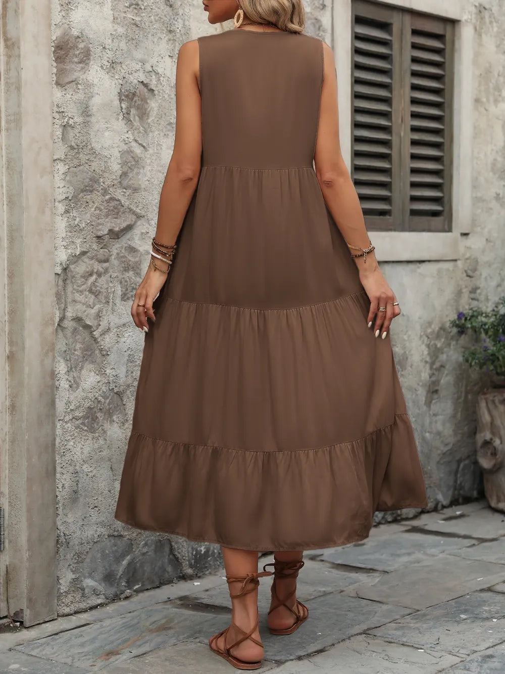 Ivy Lane Decorative Button Notched Sleeveless Dress Easy Apparels