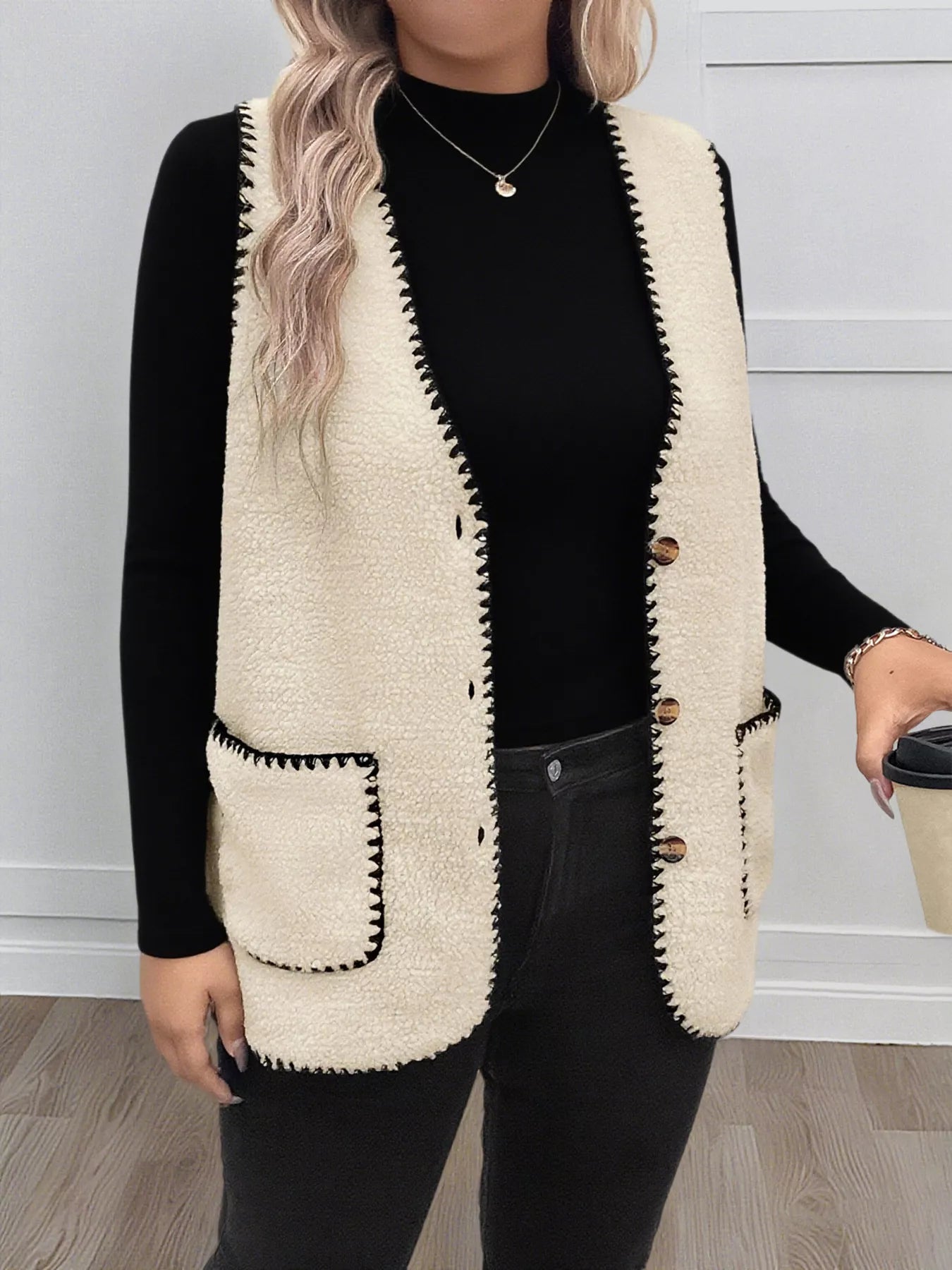 Plus Size Contrast Trim Button Up Vest Coat Easy Apparels