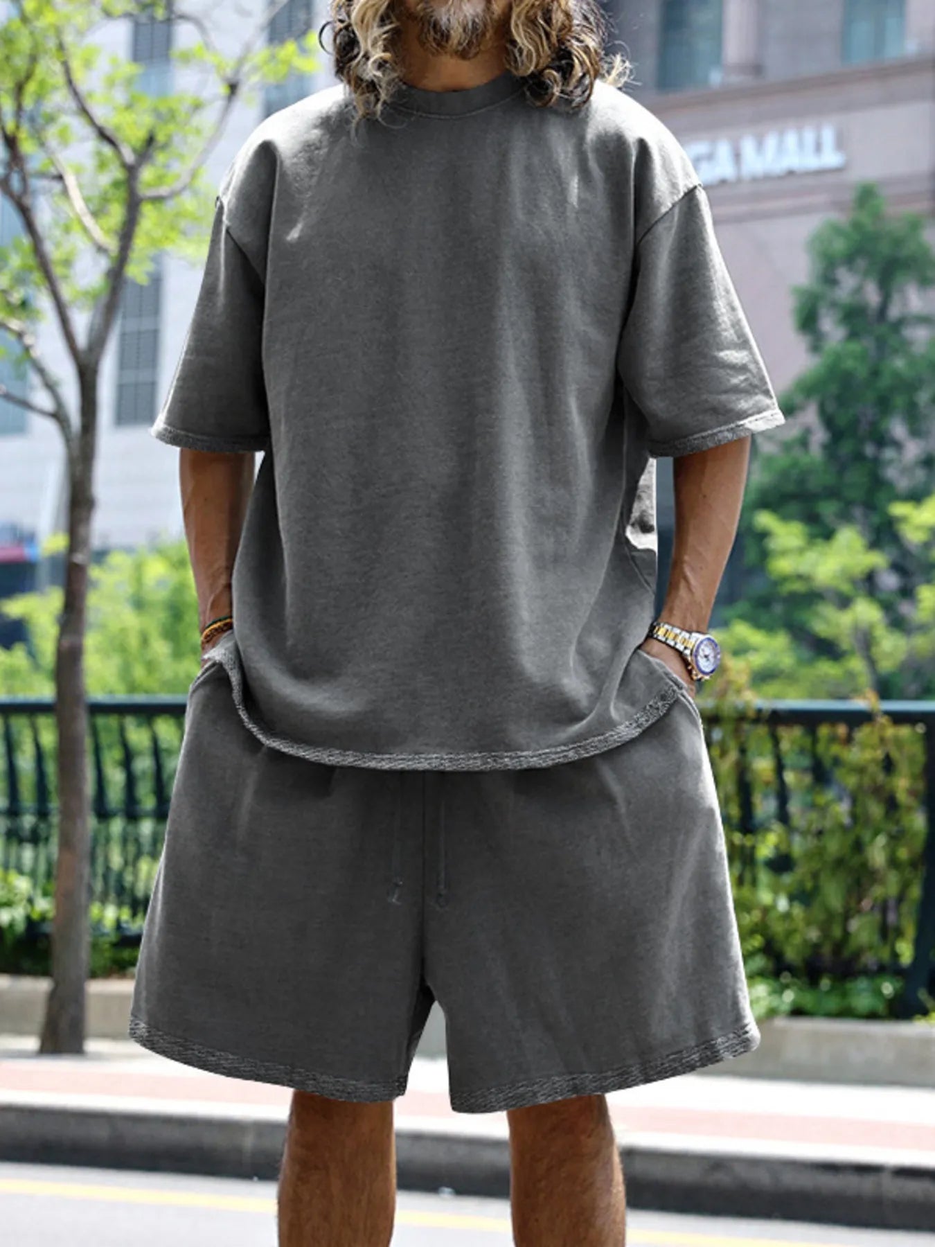 Men's Full Size Round Neck Short Sleeve Top and Shorts Set Plus Size Dark Gray Easy Apparels
