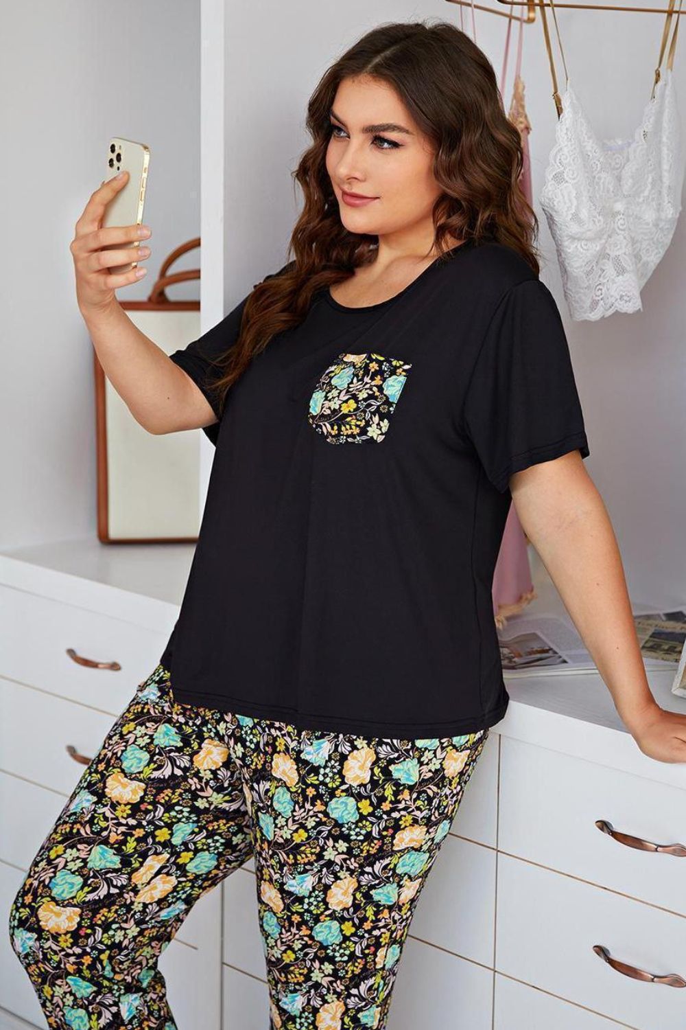 Plus Size Contrast Round Neck Tee and Floral Pants Lounge Set Easy Apparels