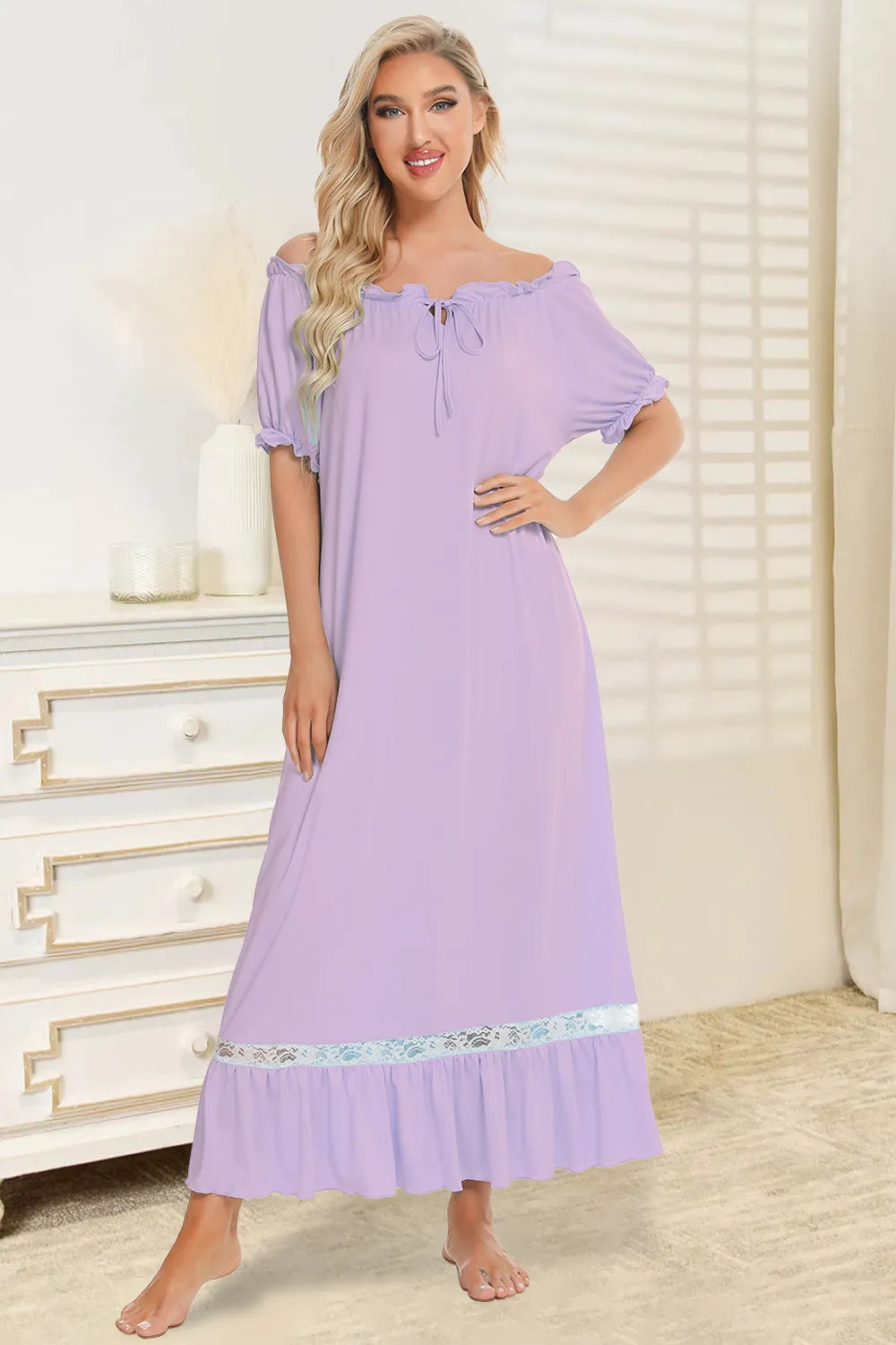 Lace Detail Short Sleeve Lounge Dress Lilac Easy Apparels