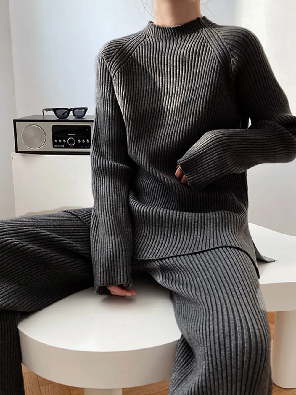 Mock Neck Raglan Sleeve Top and Pants Sweater Set Black One Size Easy Apparels