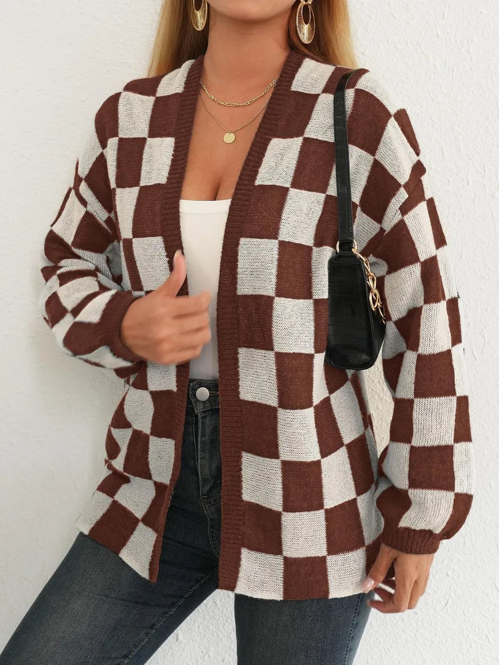 Checkered Open Front Long Sleeve Cardigan Easy Apparels