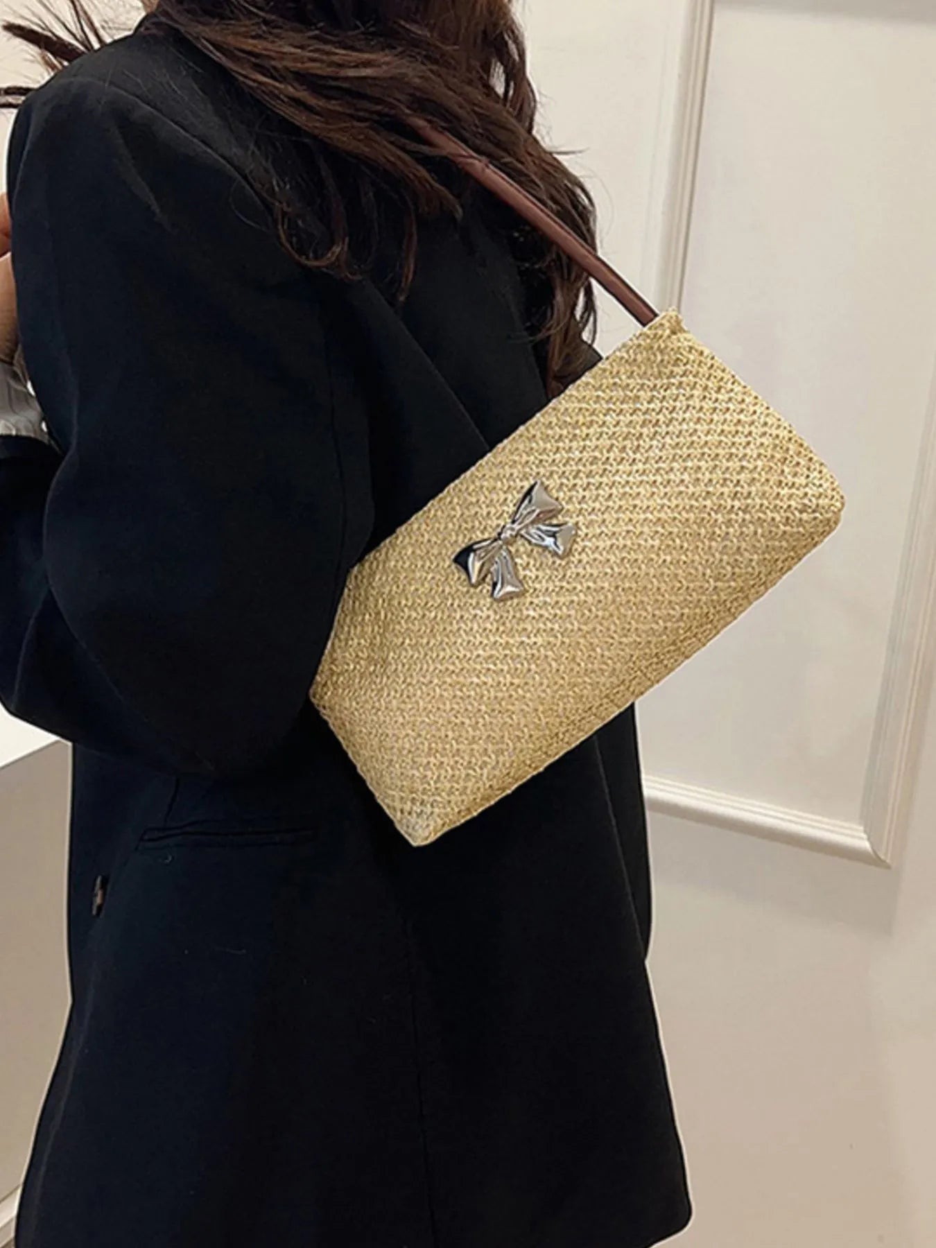 Woven Straw Shoulder Bag with Bow Detail Easy Apparels