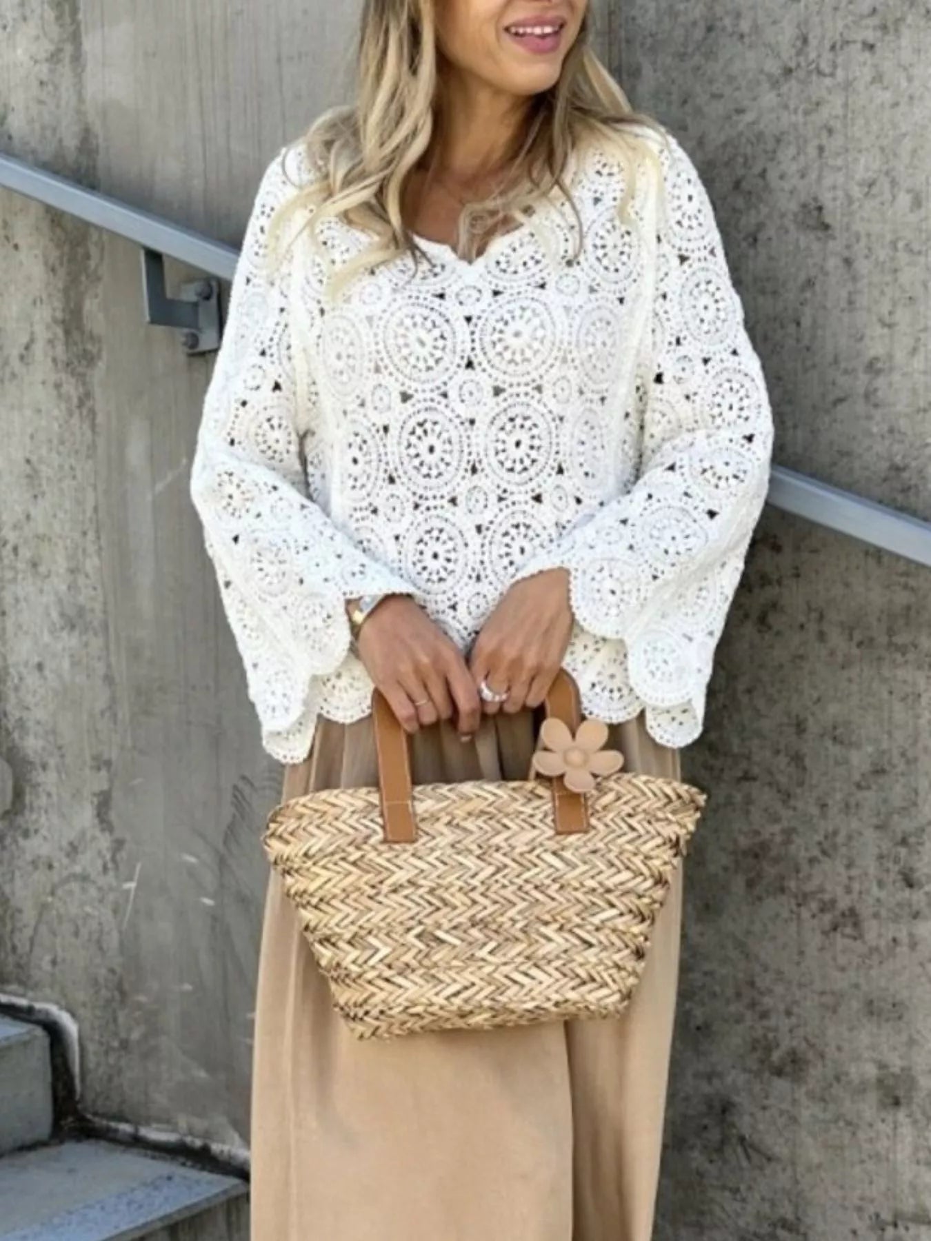Trendsi Crochet Lace V-Neck Bell Sleeve Knit Top
