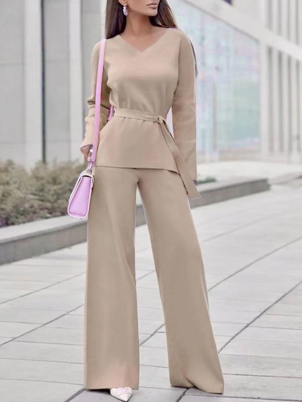 V-Neck Long Sleeve Top and Drawstring Pants Sweater Set Tan One Size Easy Apparels