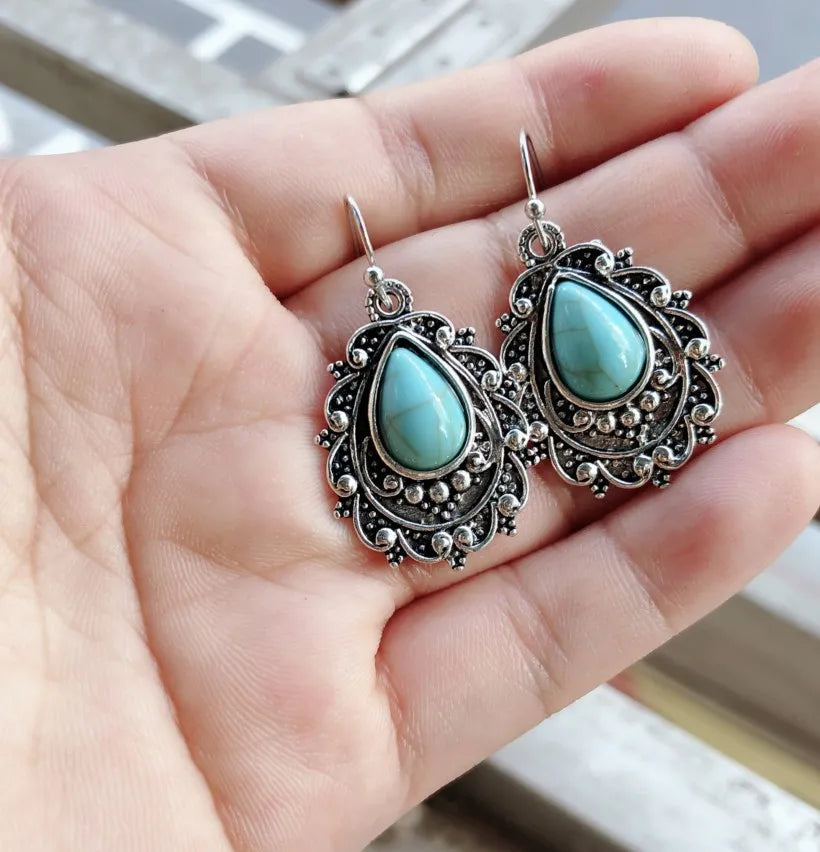 Artificial Turquoise Alloy Teardrop Dangle Earrings Easy Apparels