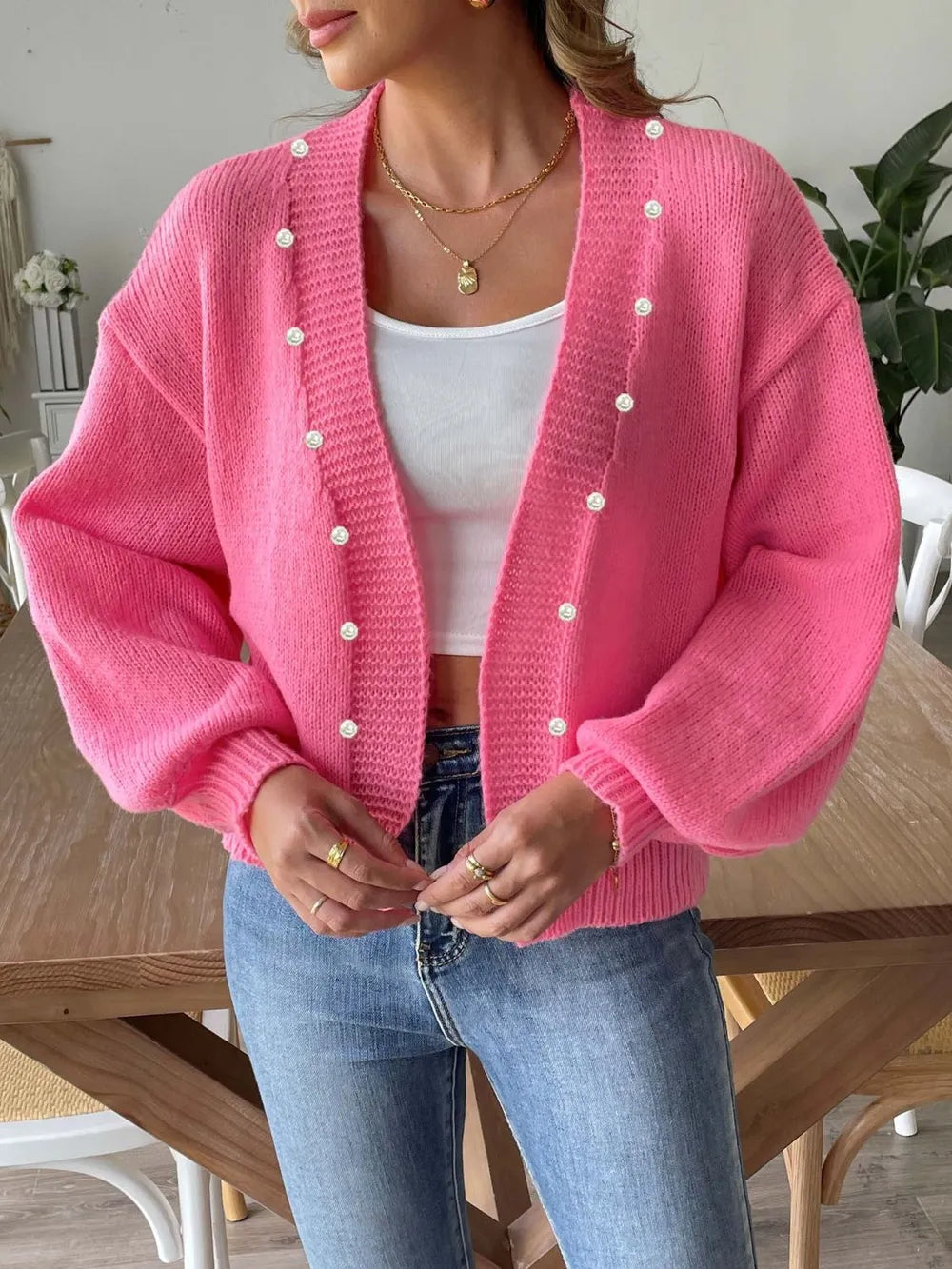 Pearl Open Front Long Sleeve Cardigan Easy Apparels