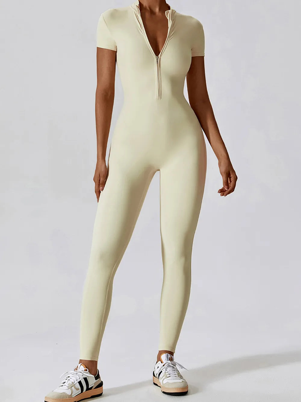 Basic Bae Half Zip Short Sleeve Active Jumpsuit Light Yellow Easy Apparels