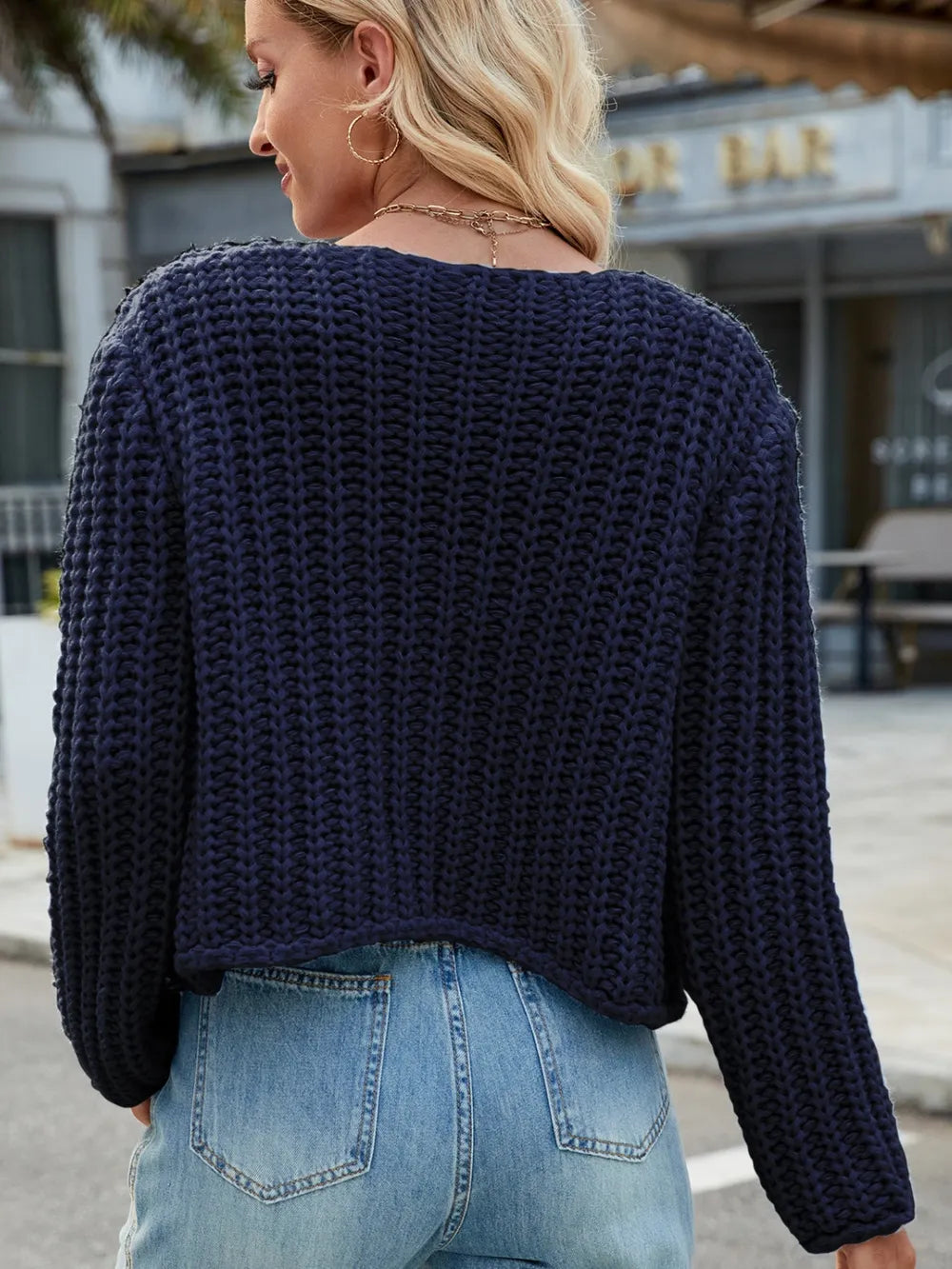 Round Neck Button Up Cardigan with Pockets Dark Blue Easy Apparels