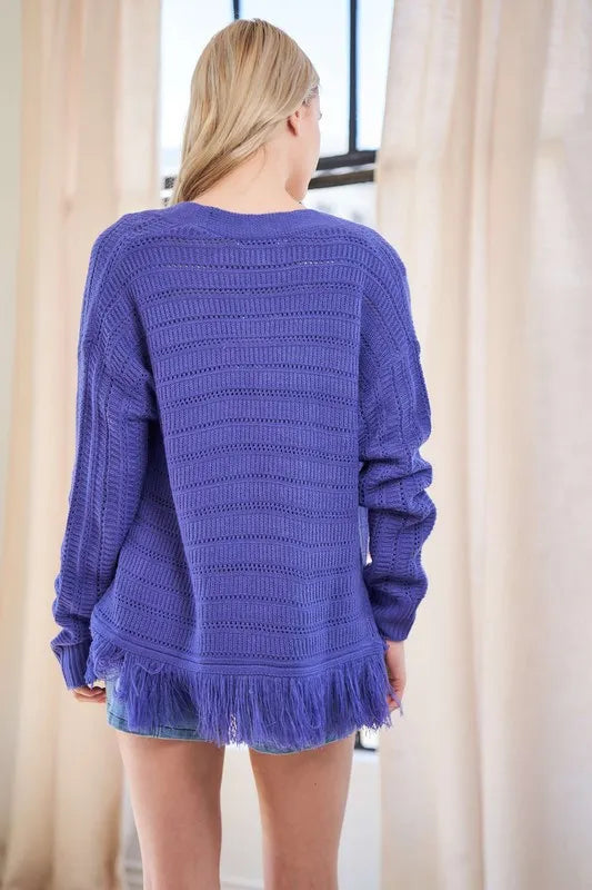 Davi & Dani Fringe V-Neck Button Up Long Sleeve Cardigan Easy Apparels