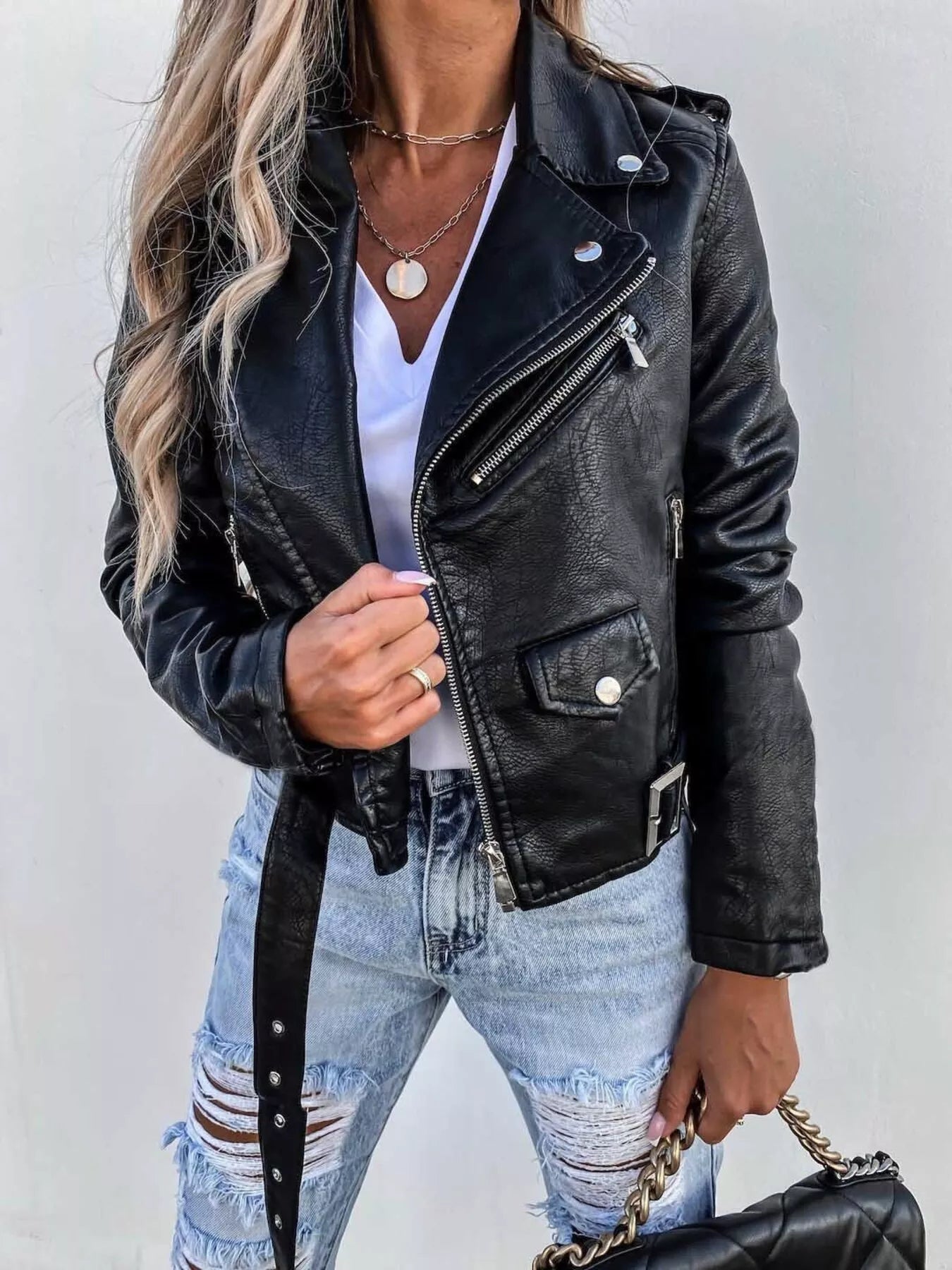 Full Size Zip Up Leather Motorcycle Biker Jacket Plus Size Easy Apparels