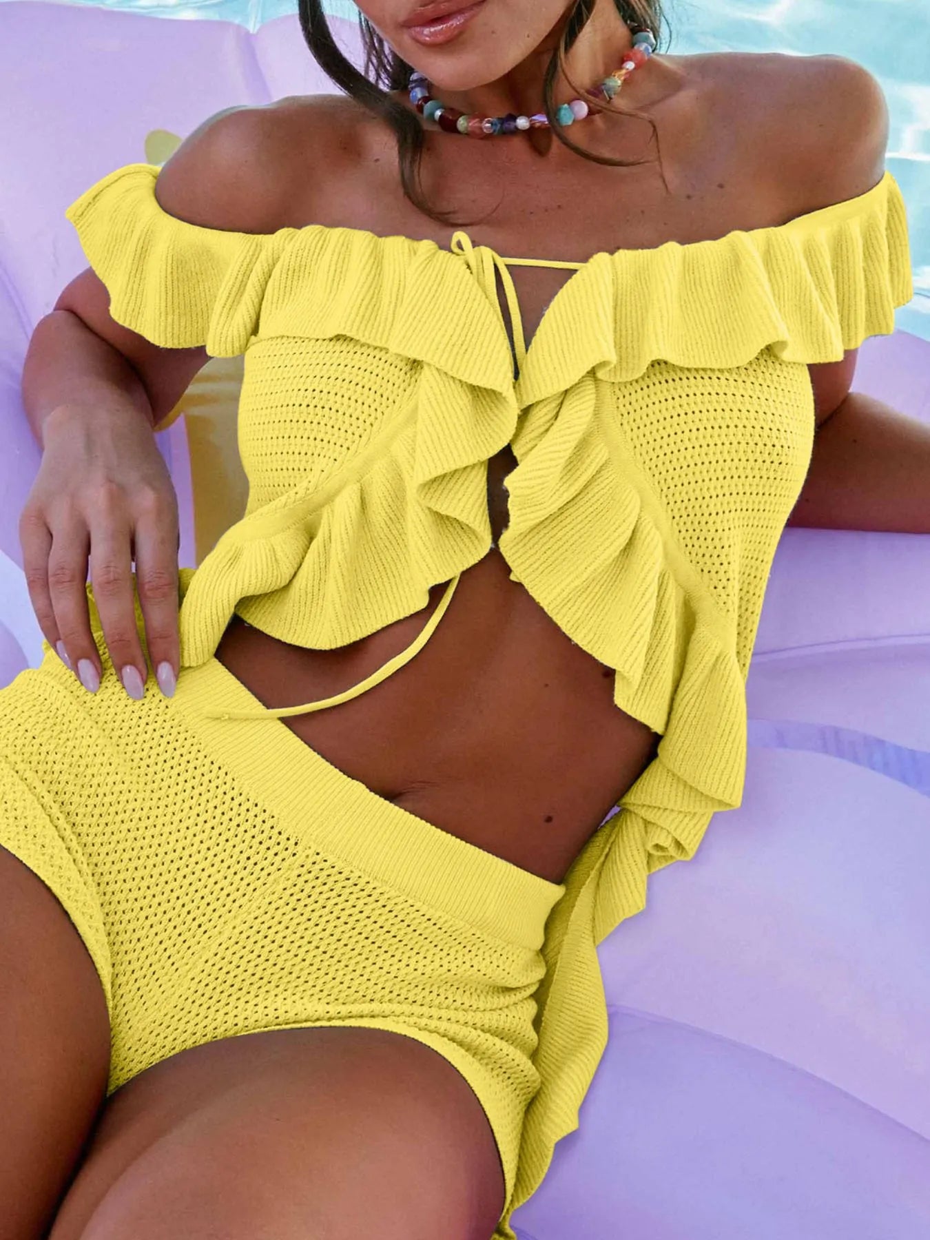 Off-Shoulder Ruffle Top and Shorts Sweater Set Easy Apparels