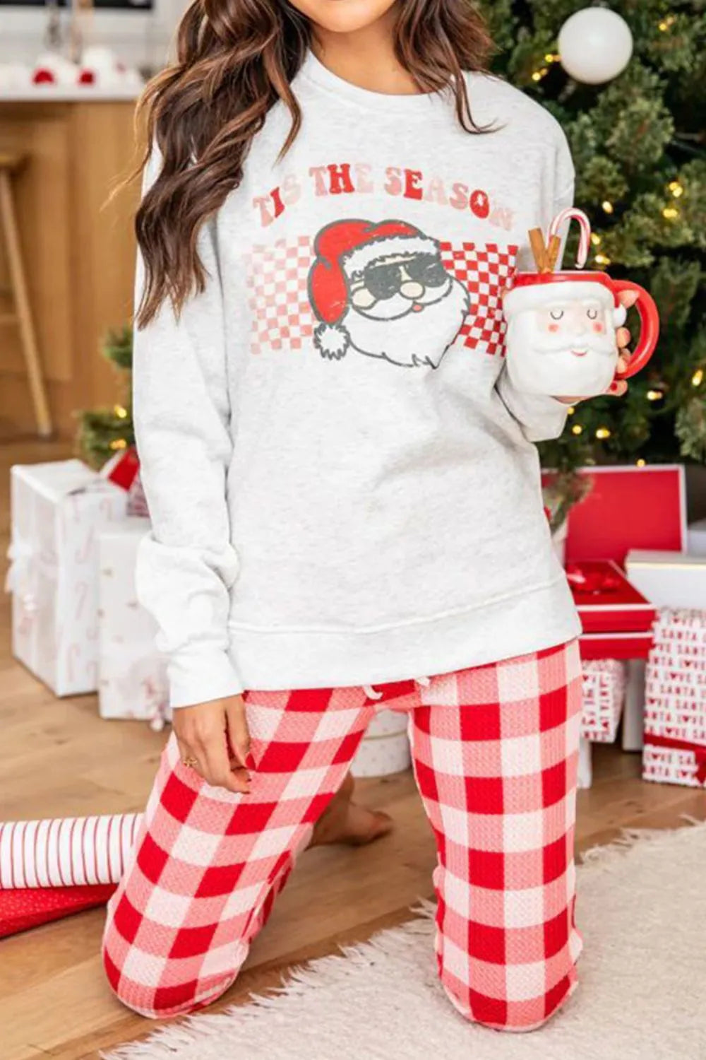 ITS THE SEASON Round Neck Top and Plaid Pants Lounge Set Easy Apparels