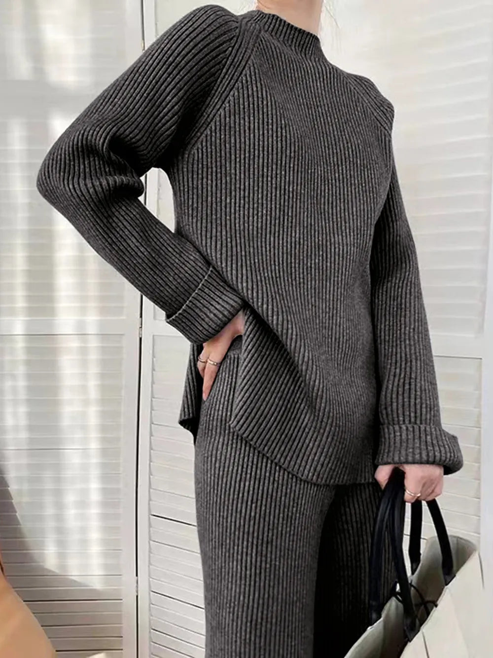 Mock Neck Raglan Sleeve Top and Pants Sweater Set Easy Apparels