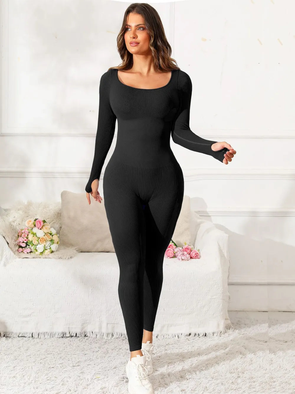 Scoop Neck Long Sleeve Active Jumpsuit Easy Apparels