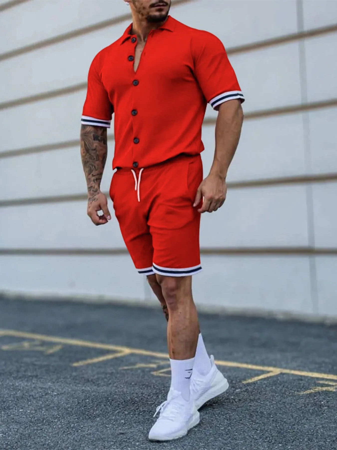 Men's Full Size Striped Hem Button Up Top and Shorts Set Plus Size Orange Red Easy Apparels