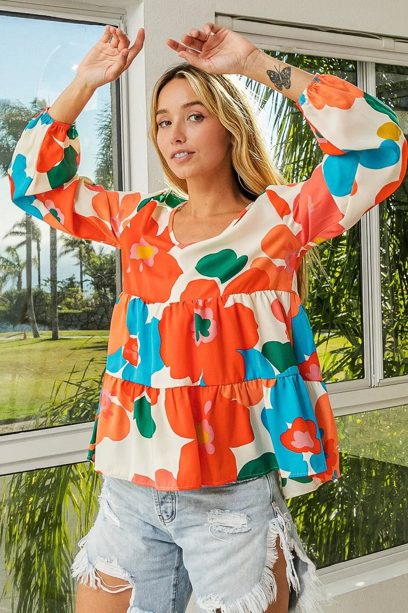 Trendsi BiBi Floral Woven Tiered V Neck Top