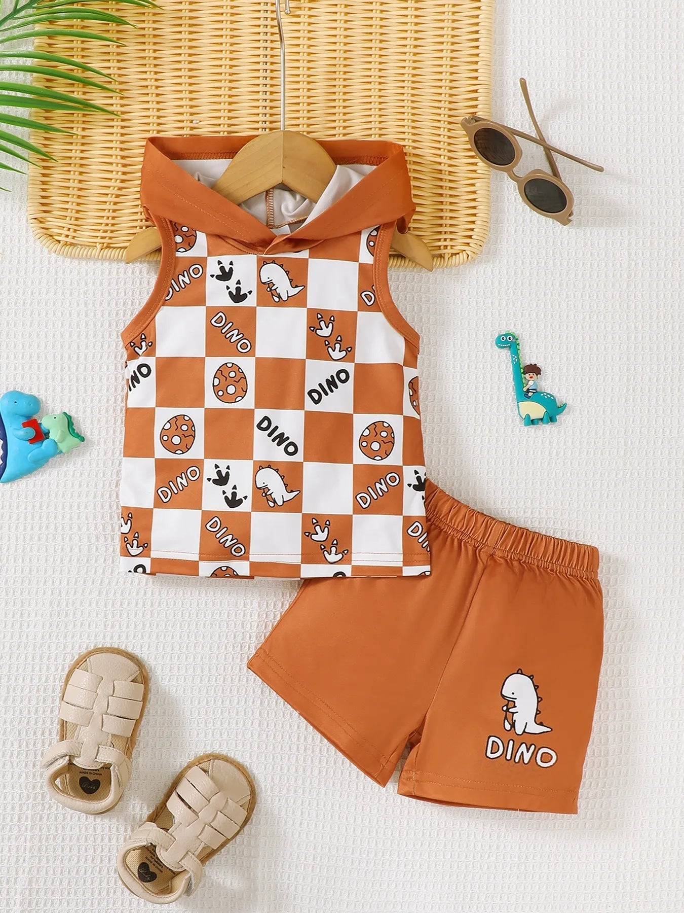 Children's Dinosaur Checkered Sleeveless Hooded Top and Shorts Set Easy Apparels