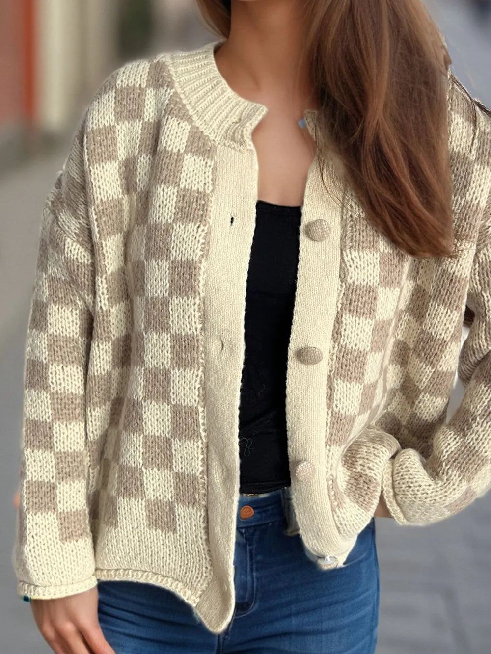 Checkered Button Up Round Neck Cardigan Easy Apparels