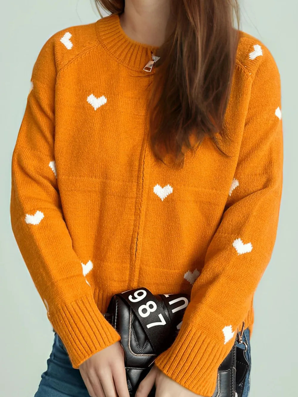 Heart Round Neck Zip Up Cardigan Easy Apparels