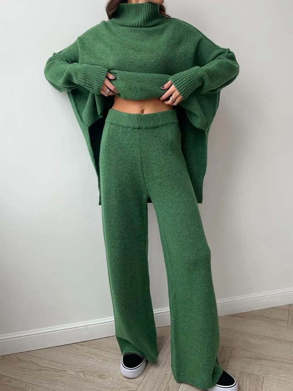 Slit Turtleneck Long Sleeve Top and Pants Sweater Set Easy Apparels