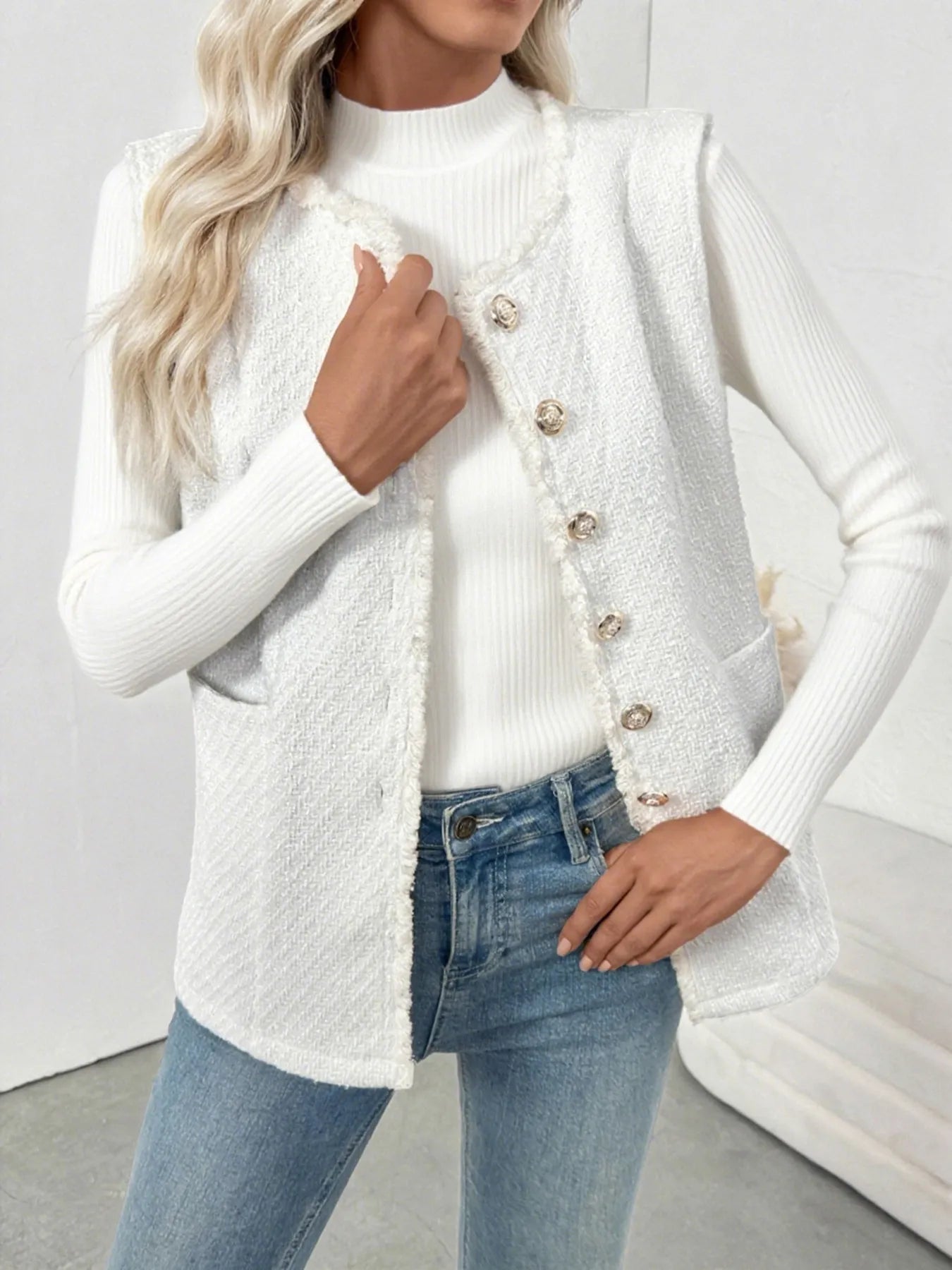 Textured Button-Front Vest with Raw Edge Easy Apparels