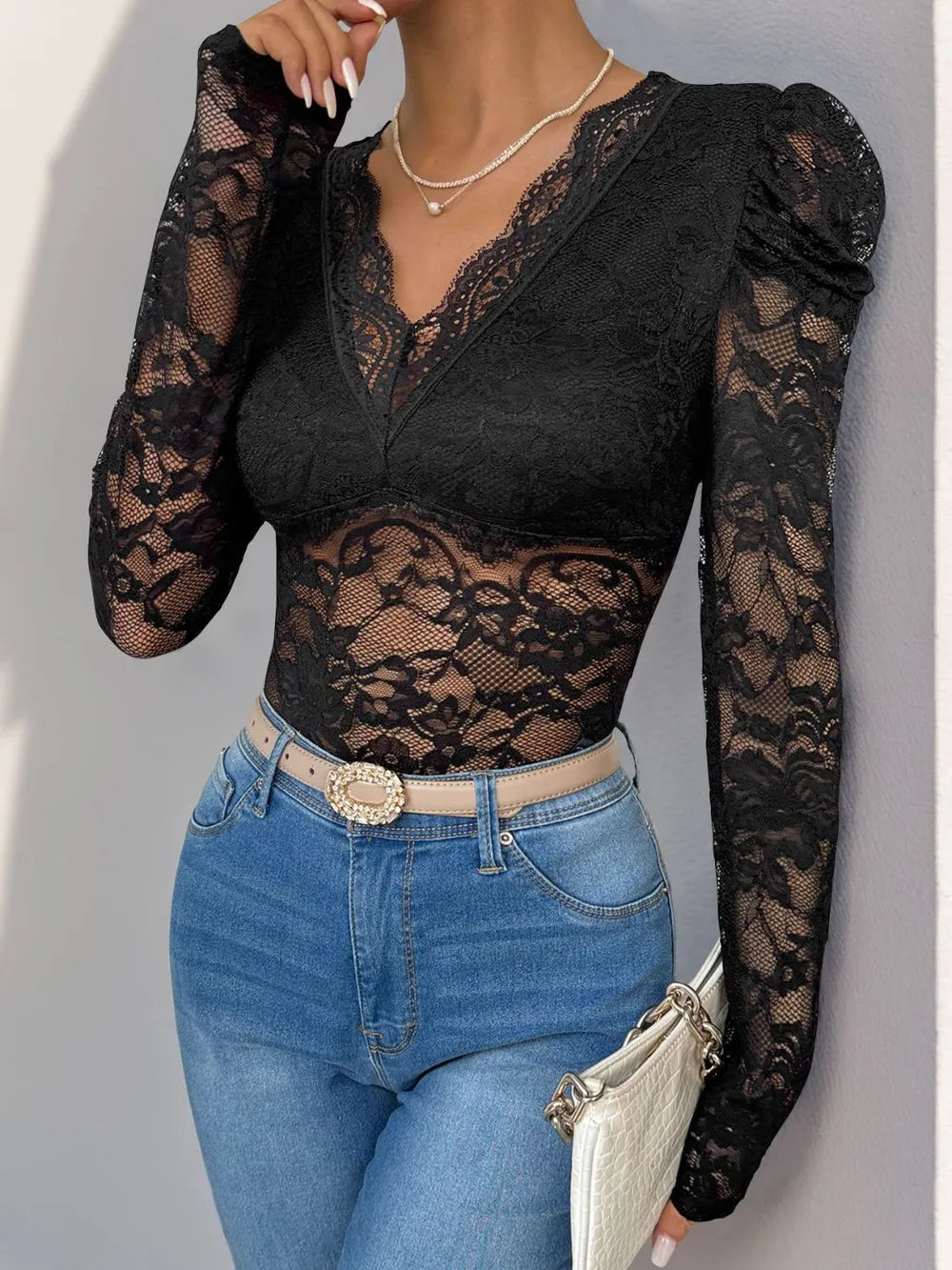 Trendsi Perfee Lace V-Neck Long Sleeve Bodysuit Black