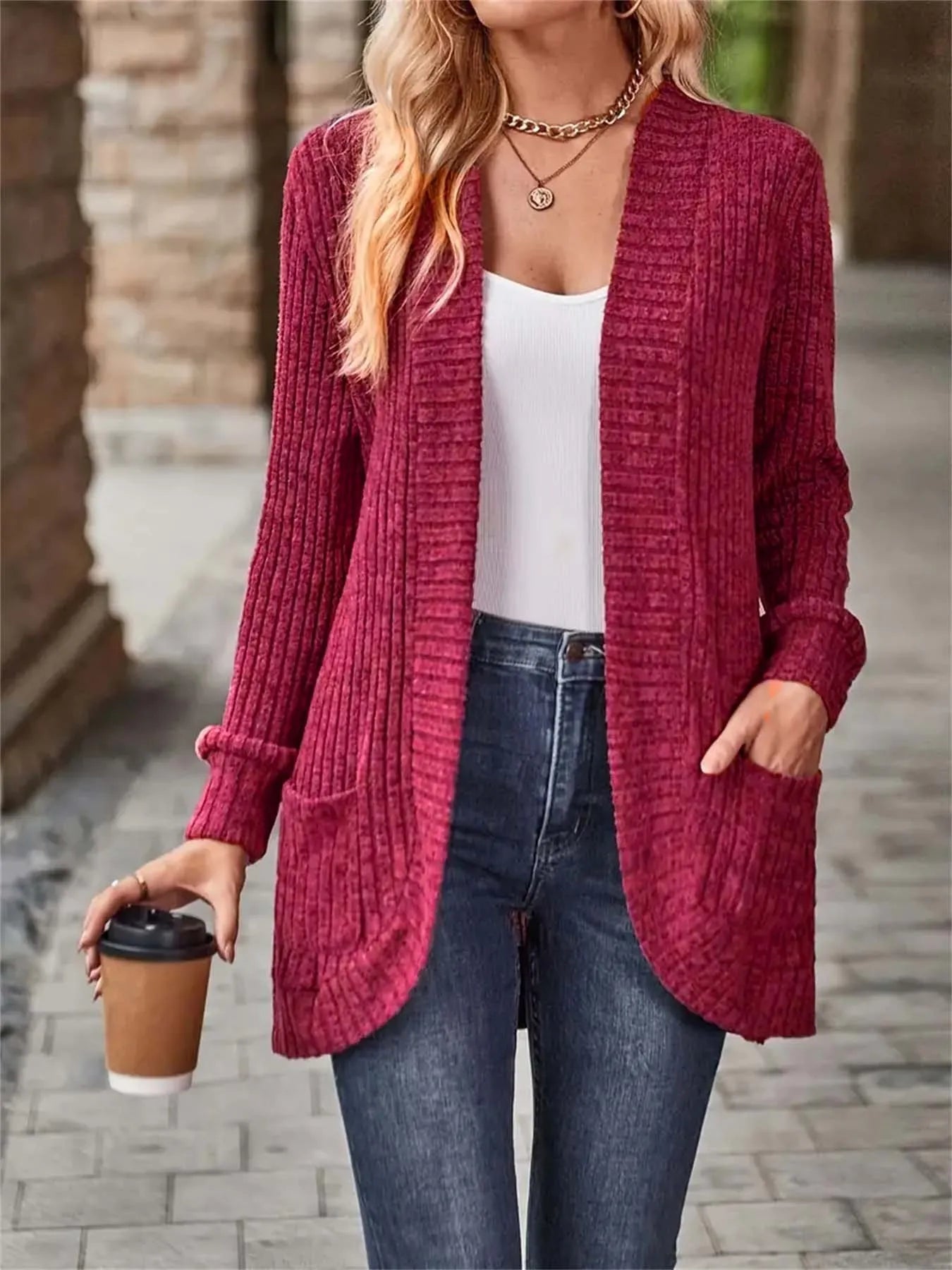 Ribbed Open Front Long Cardigan with Pockets Easy Apparels