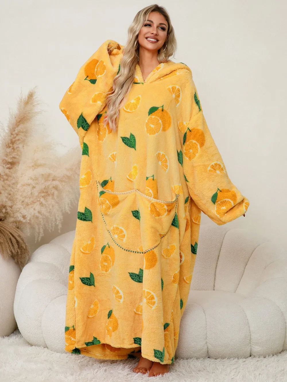 Fuzzy Pocketed Long Sleeve Hooded Lounge Dress Easy Apparels
