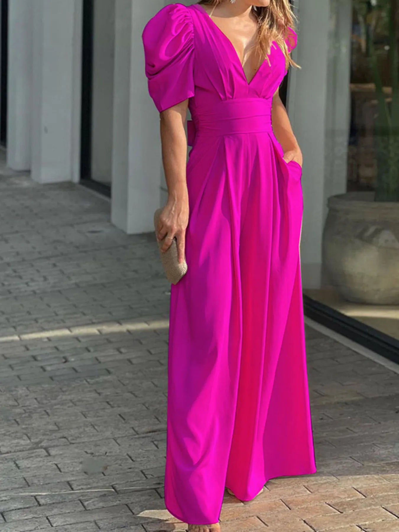 Full Size Cutout V-Neck Puff Sleeve Jumpsuit Plus Size Rose Red Easy Apparels