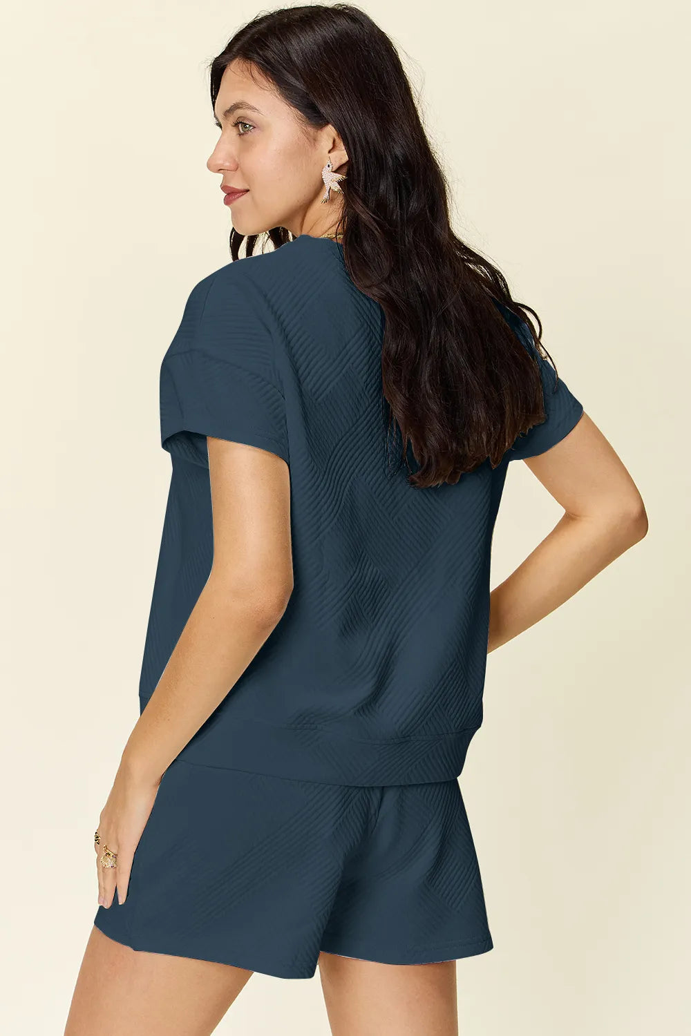 Double Take Full Size Texture Short Sleeve T-Shirt and Drawstring Shorts Set Easy Apparels