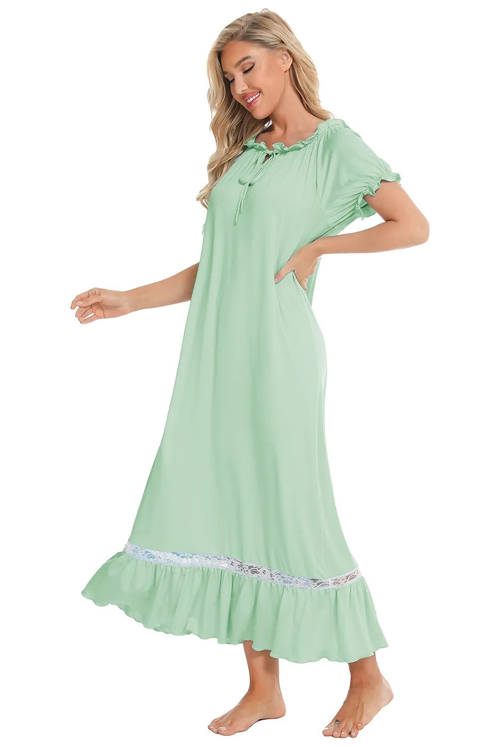 Lace Detail Short Sleeve Lounge Dress Easy Apparels
