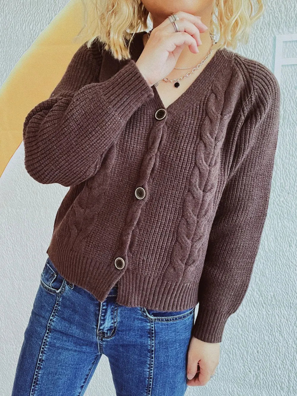 Cable-Knit V-Neck Button Down Long Sleeve Cardigan Easy Apparels