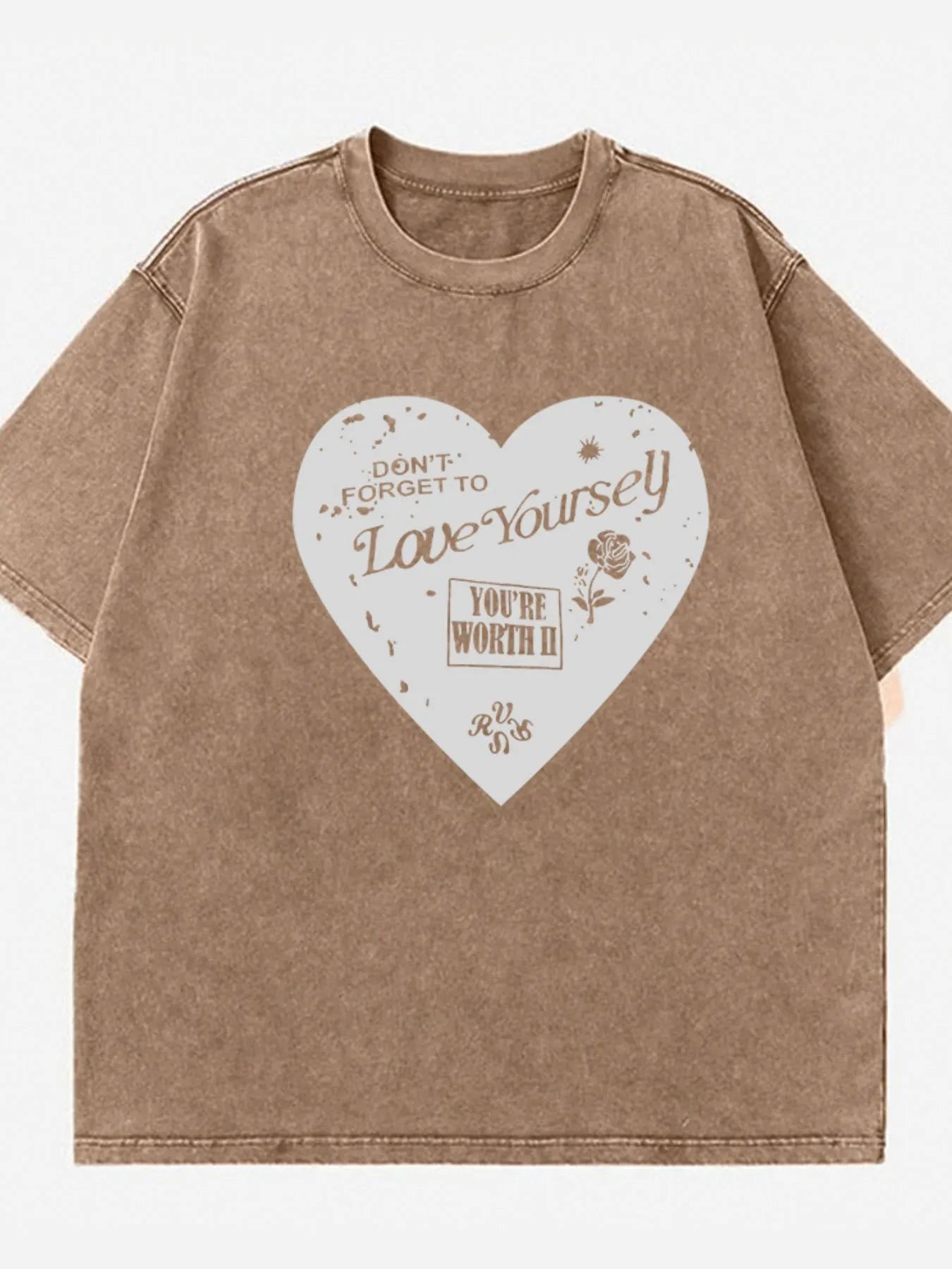 Trendsi Heart Round Neck Short Sleeve T-Shirt Brown