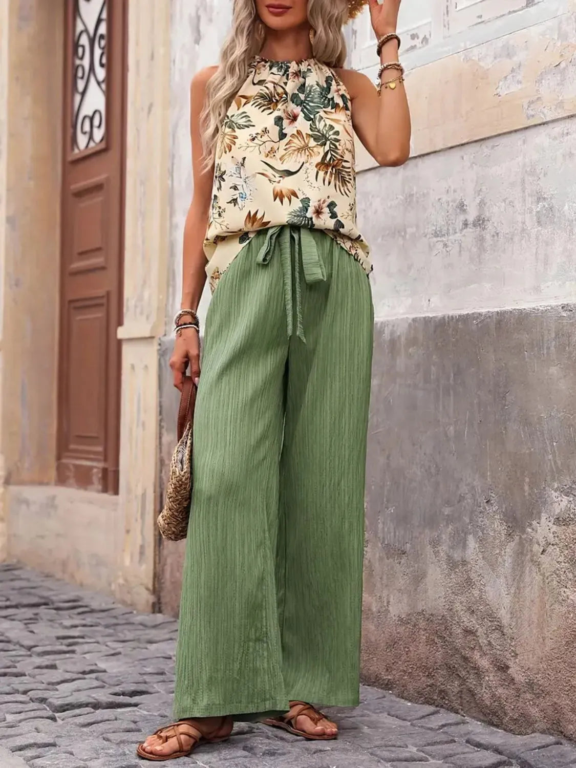 Printed Tank Top and Wide Leg Pants Set Easy Apparels