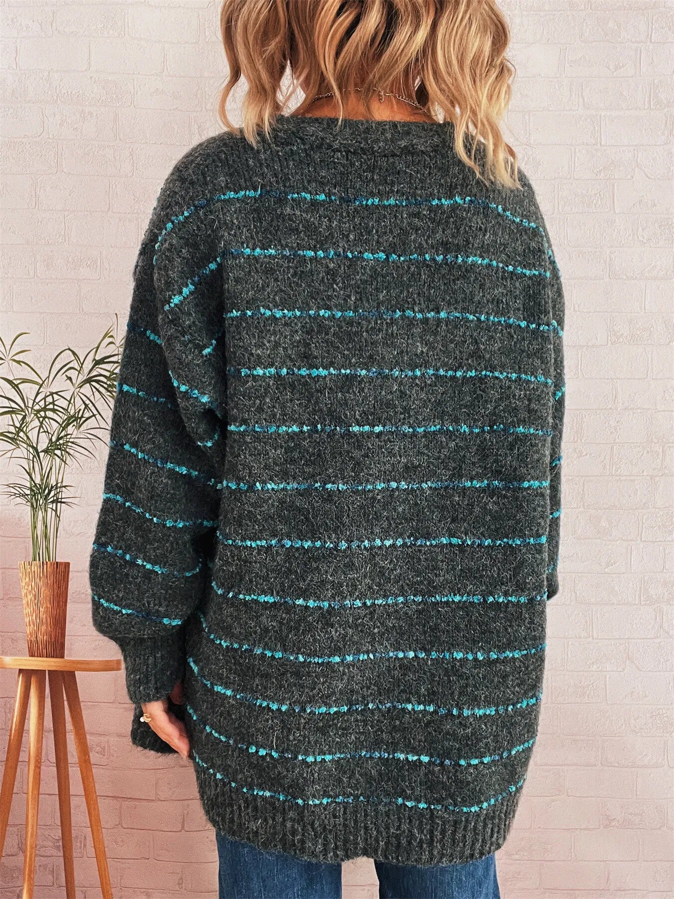 Striped Button-Up Cardigan with V-Neck Design Easy Apparels