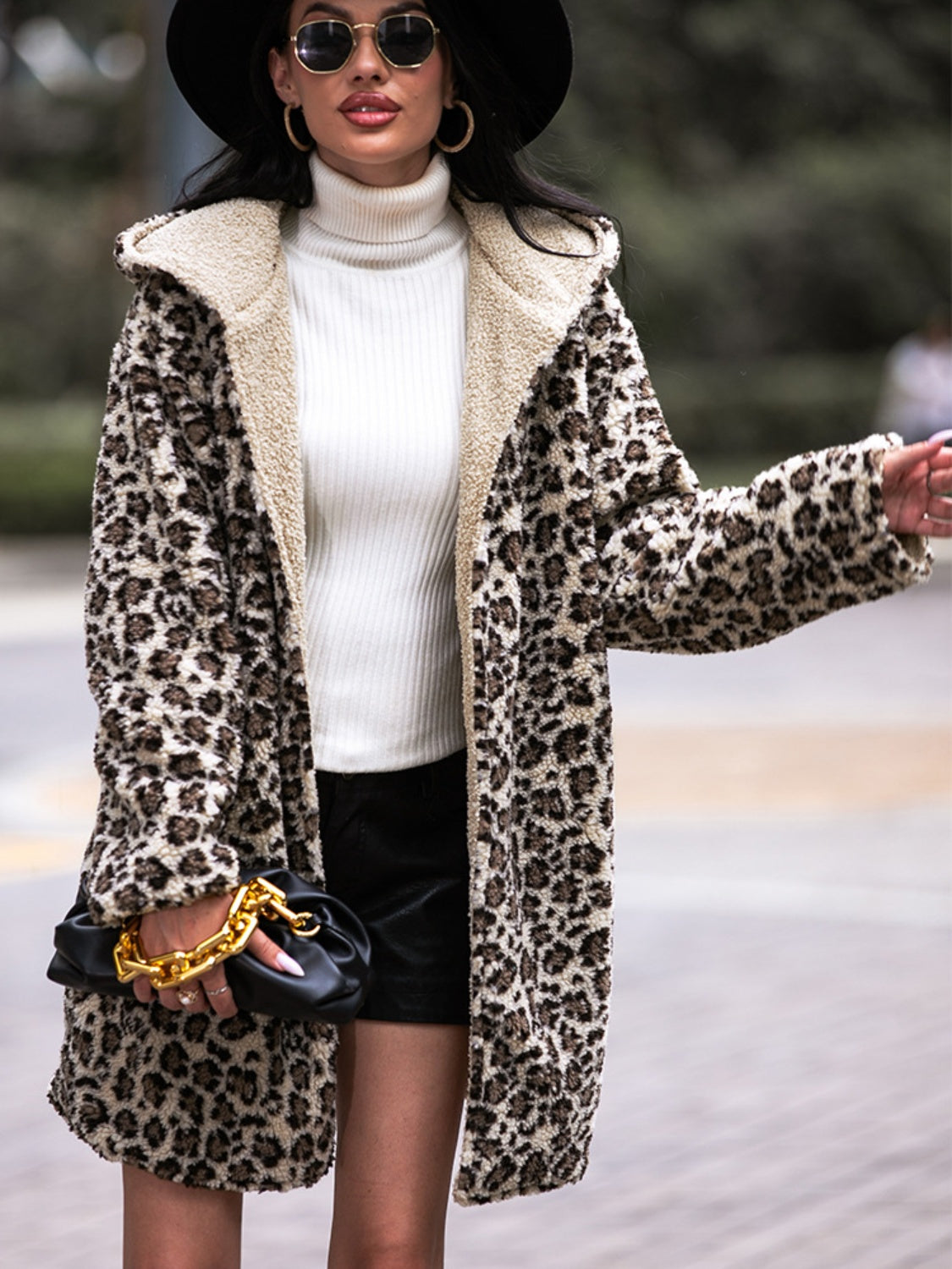 Shiny Leopard Print Hooded Teddy Coat Easy Apparels