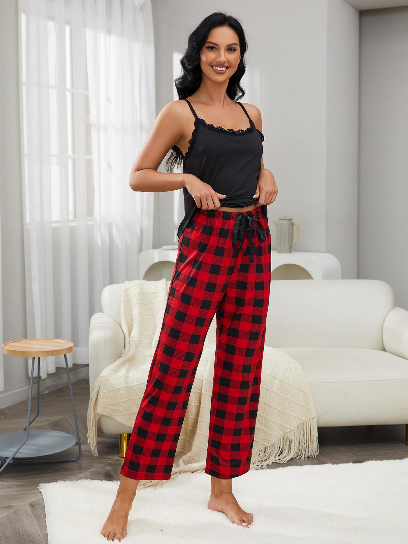 Lace Trim Cami and Plaid Pants Lounge Set Easy Apparels